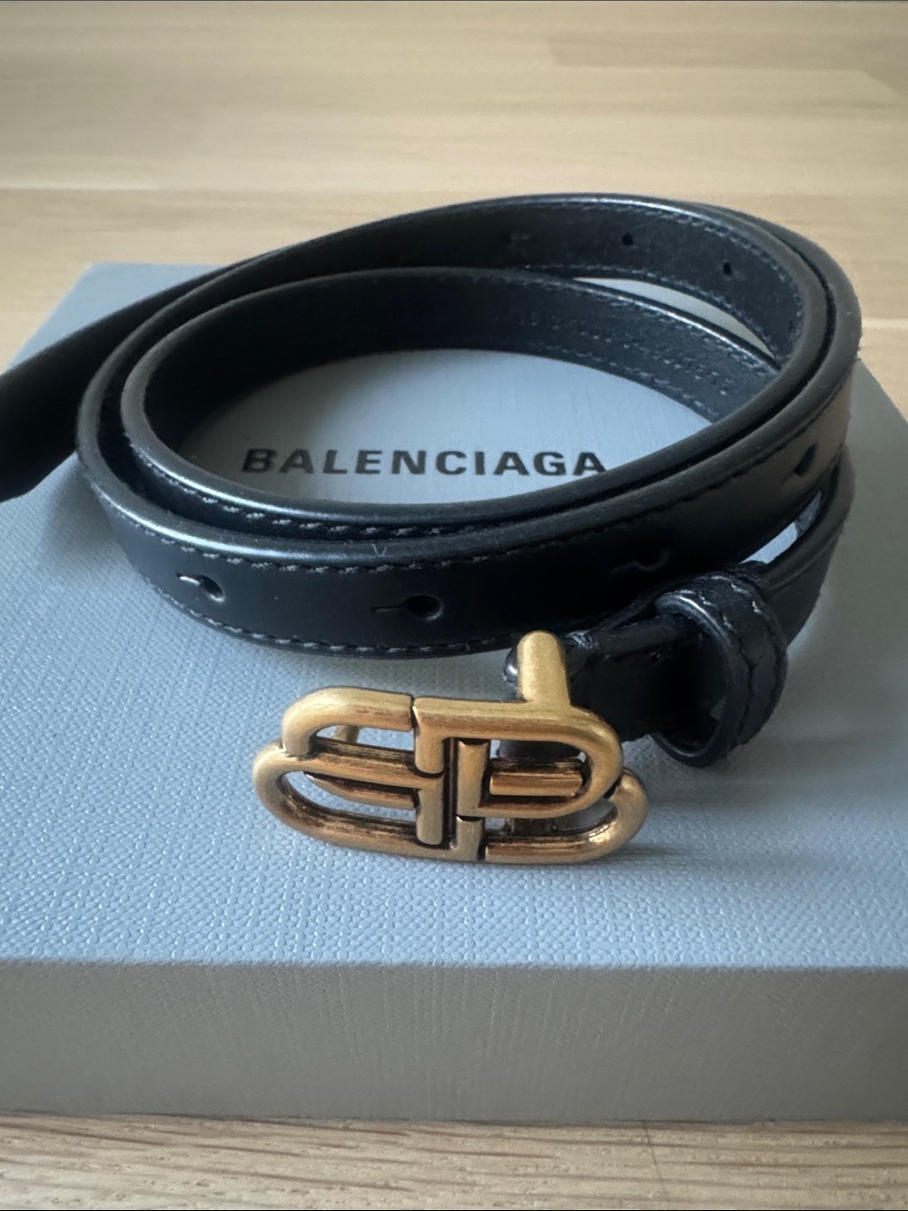 Balenciaga BB Thin Leather Belt Black Gold Buckle Size 75 - Full Set Box/Dustbag